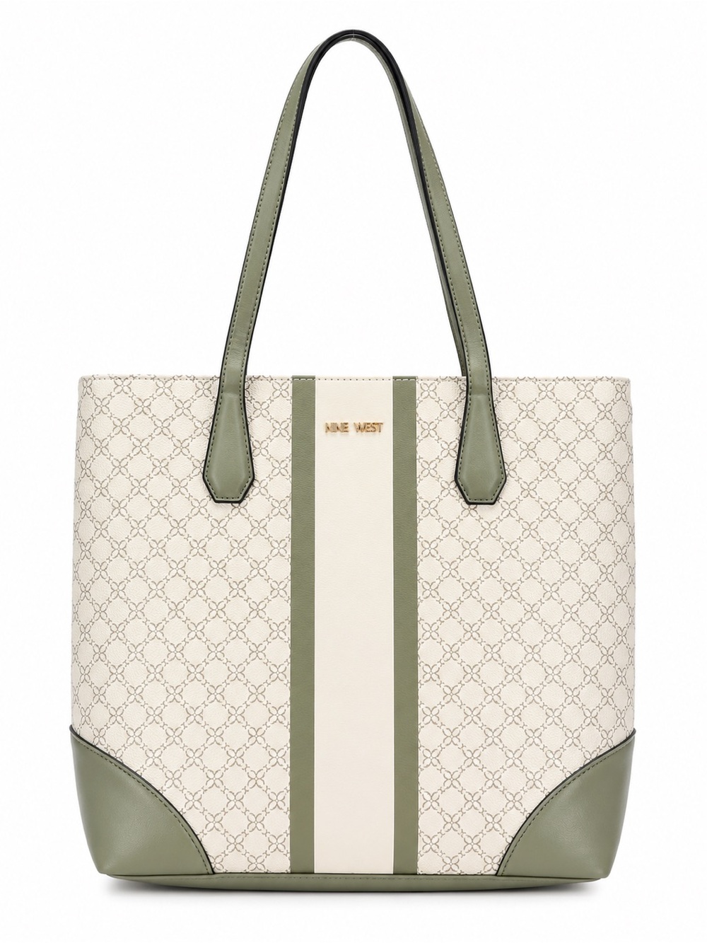 Nine West Tote Bag Signature Logo Print Sage Green Cream Stripe Shoulder Purse